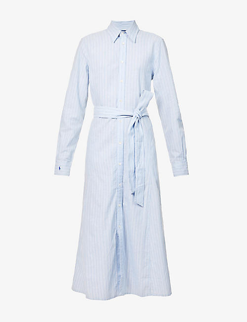 POLO RALPH LAUREN: Striped-shirt linen and cotton-blend mid dress