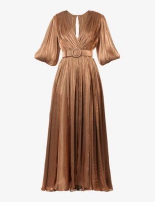Costarellos Womens Bronze Brennie Pleated Woven Maxi Dress