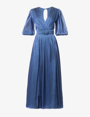 Costarellos Brennie Belted Metallic Plissé-georgette Maxi Dress In Deep Blue