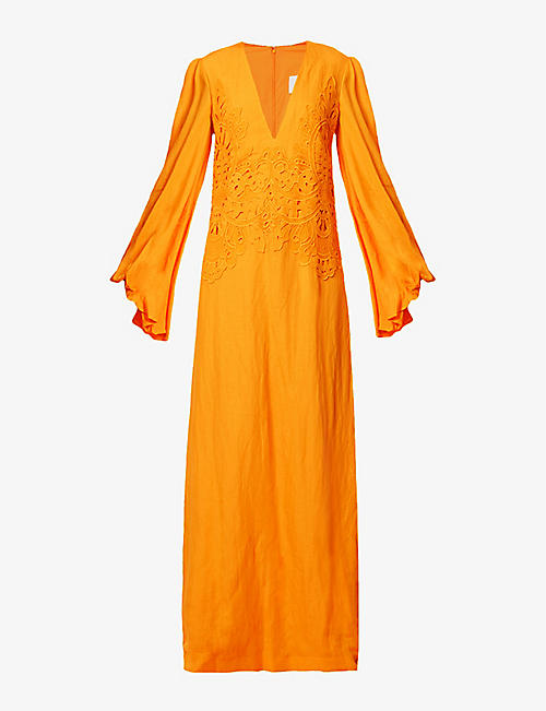 COSTARELLOS: Katana puff-sleeve rayon and linen-blend maxi dress