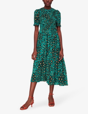 Shop Whistles Women's Leopard-print Shirred Woven Midi Dress In Multi-coloured