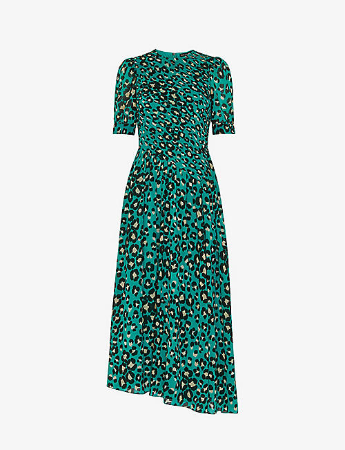 WHISTLES: Leopard-print shirred woven midi dress