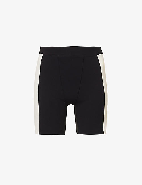 LE ORE: Striped-trim high-rise stretch-recycled polyester shorts