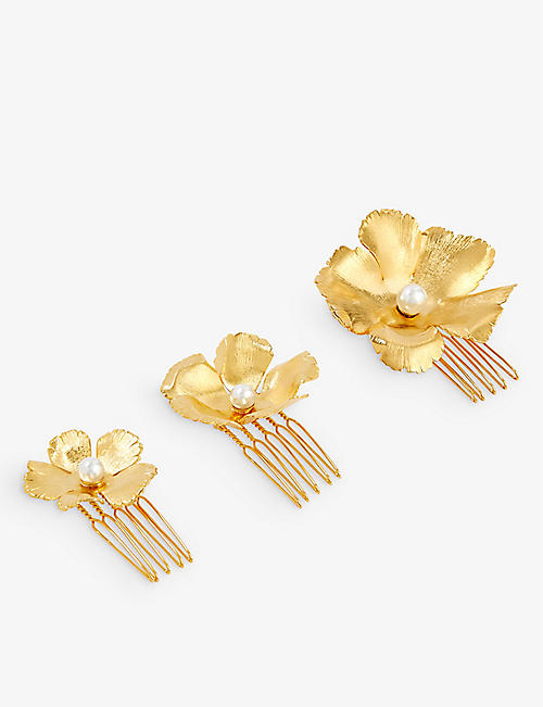 LELET NY: Eden Floral 14ct yellow gold-plated stainless steel comb set