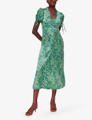 WHISTLES: Pansy Meadow floral-print ruched-sleeve satin midi dress