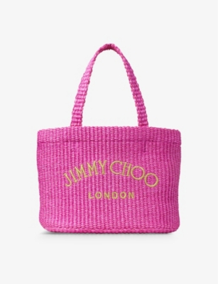 Jimmy Choo Beach Raffia Tote Bag In Fuchsia/light Gold