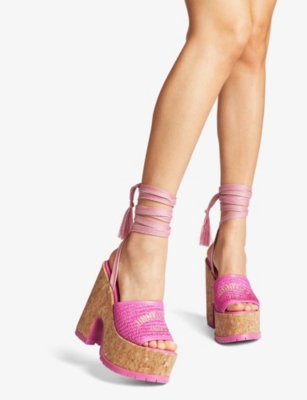 Shop Jimmy Choo Women's Fuchsia/gold Gal 130 Raffia Wedge Sandals In Pink
