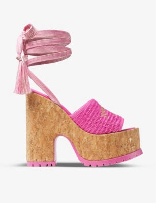 Shop Jimmy Choo Womens Fuchsia/gold Gal 130 Raffia Wedge Sandals In Pink