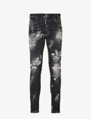 Dsquared2 Mens Black Skater Paint-print Slim-fit Stretch-cotton Blend Denim Jeans