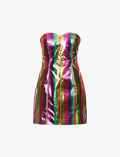 AMY LYNN: Rainbow striped sweetheart-neckline faux-leather mini dress
