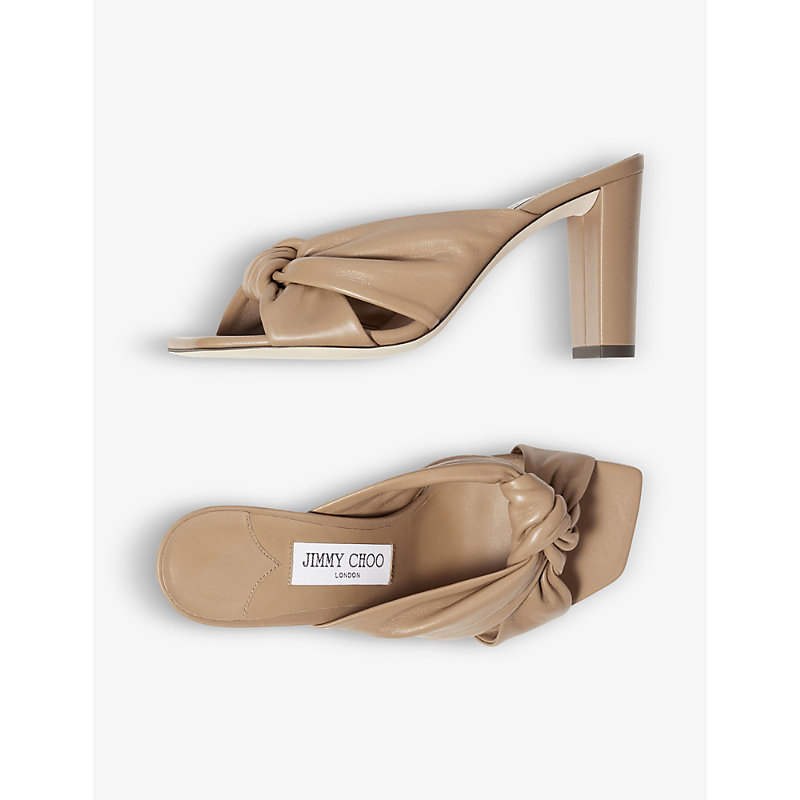 Shop Jimmy Choo Avenue 85 Knot-embellished Leather Heeled Mules In Biscuit