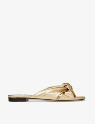 Shop Jimmy Choo Avenue Knot-embellished Leather Mules In Gold