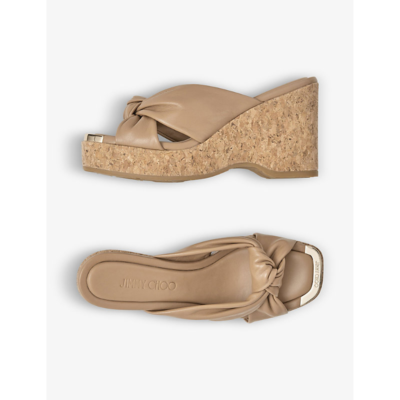 Shop Jimmy Choo Avenue Knot-embellished Leather Wedge Sandals In Biscuit