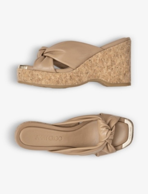 JIMMY CHOO: Avenue knot-embellished leather wedge sandals
