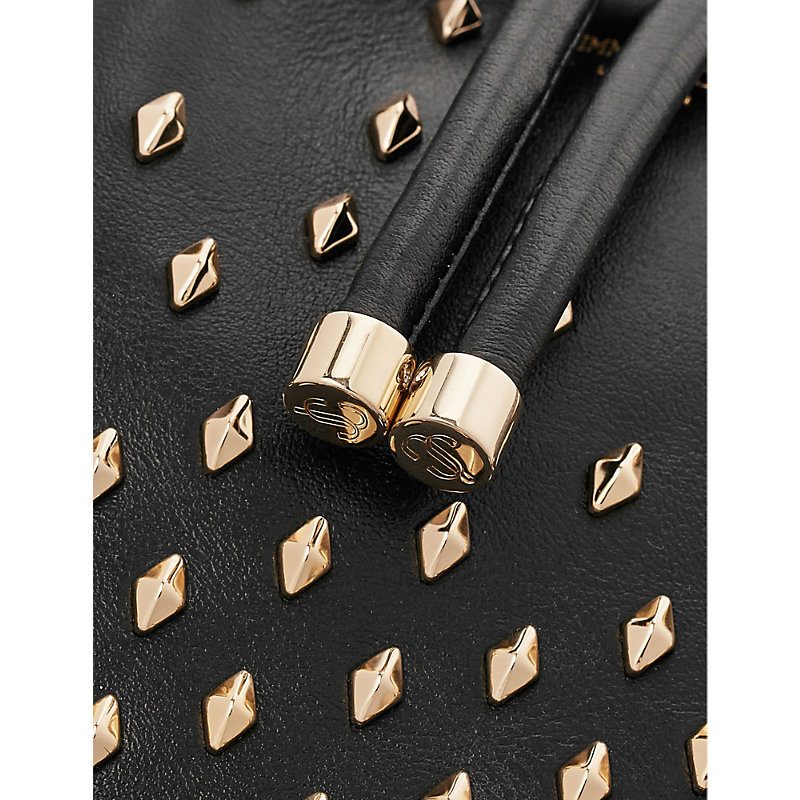 Shop Jimmy Choo Bon Bon Stud-embellished Leather Top-handle Bag In Black/light Gold