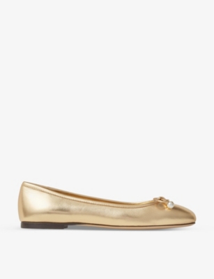 Shop Jimmy Choo Womens Gold Elme Bow-embellished Metallic-leather Ballet Flats