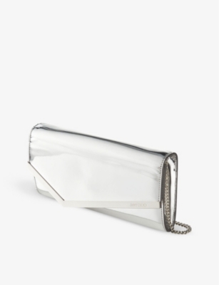 Shop Jimmy Choo Emmie Mirrored-fabric Clutch In Silver
