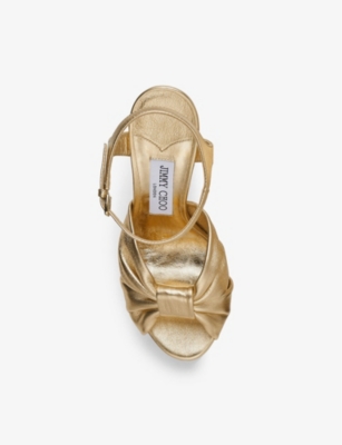 Shop Jimmy Choo Womens Gold Heloise 120 Bow-embellished Leather Platform-heeled Sandals