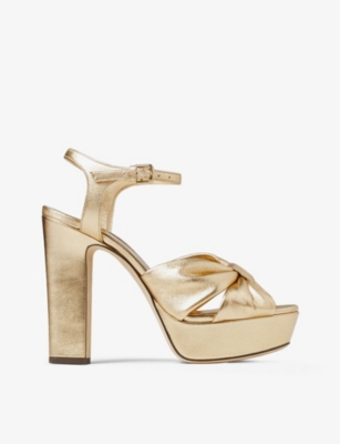 Shop Jimmy Choo Women's Gold Heloise 120 Bow-embellished Leather Platform-heeled Sandals