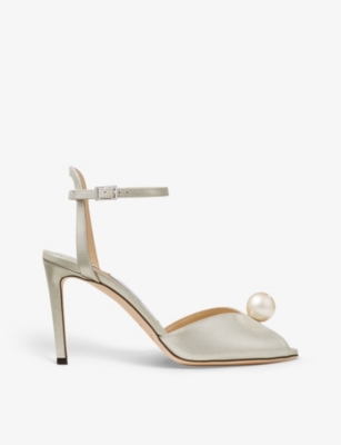 Shop Jimmy Choo Women's Champagne/white Sacora 85 Faux Pearl-sphere Suede Heeled Sandals