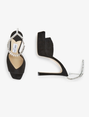 Shop Jimmy Choo Women's Black/crystal Saeda Crystal-embellished Suede Heeled Sandals