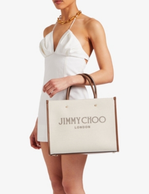 Shop Jimmy Choo Avenue Medium Recycled-cotton Canvas Tote Bag In Nat/taup/tan/lihtg