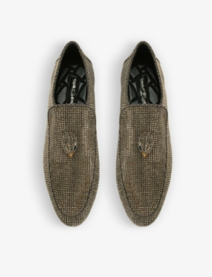 Shop Kurt Geiger London Men's Dark Brown Hugh Eagle-embellished Herringbone Woven Loafers