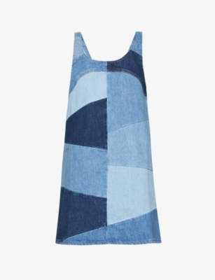 FRAME: Patchwork-pattern A-line denim mini dress