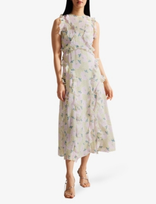 Shop Ted Baker Women's Lilac Calinia Daisy-print Ruffled Recycled-polyester Midi Dress