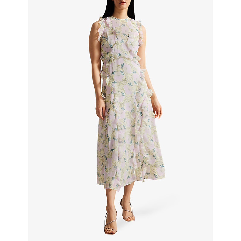 Shop Ted Baker Calinia Daisy-print Ruffled Recycled-polyester Midi Dress In Lilac