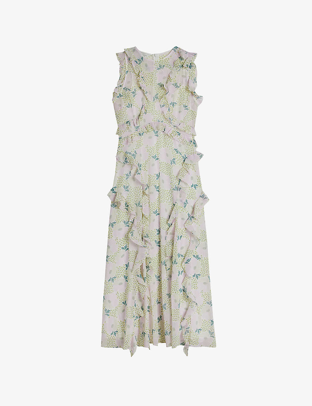 Shop Ted Baker Calinia Daisy-print Ruffled Recycled-polyester Midi Dress In Lilac
