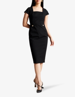 Shop Ted Baker Women's Black Josiaad Square-neck Stretch-woven Midi Dress