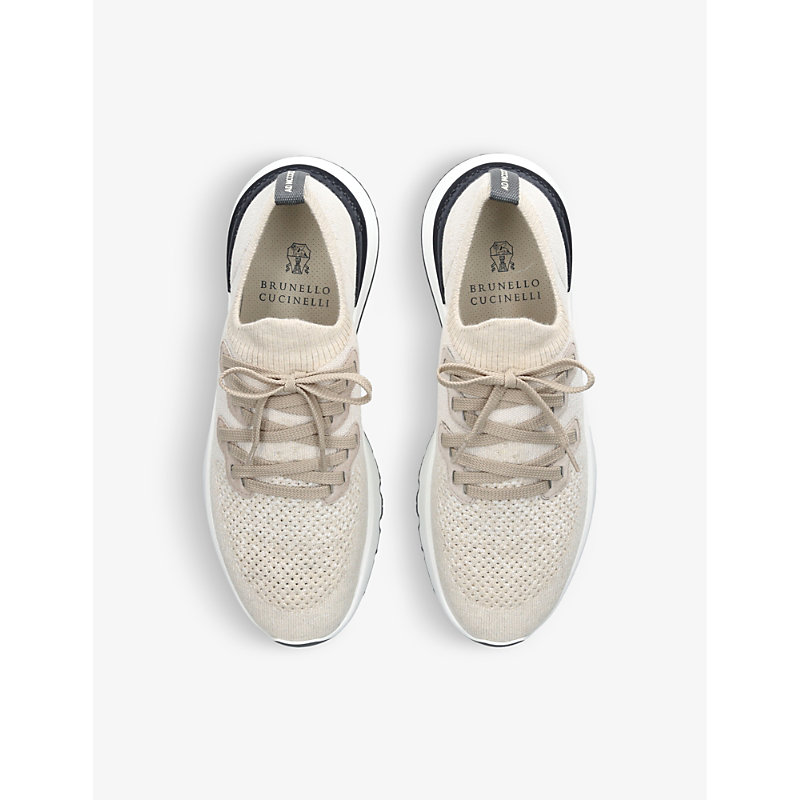 Shop Brunello Cucinelli Brand-embossed Knitted Low-top Trainers In White