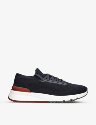 Shop Brunello Cucinelli Men's Blue Other Brand-embossed Pull-tab Knitted Low-top Trainers
