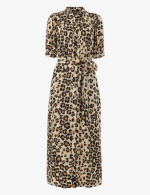 WHISTLES: Leopard-print tied-waist woven shirt midi dress