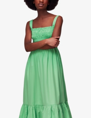 Shop Whistles Women's Green Greta Shirred-bodice Cotton Poplin Midi Dress