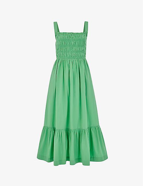 WHISTLES: Greta shirred-bodice cotton poplin midi dress