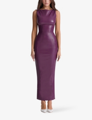 HOUSE OF CB OF CB WOMENS MERLOT SAHARA SLEEVELESS FORM-FITTING FAUX-LEATHER MAXI DRESS 66680322