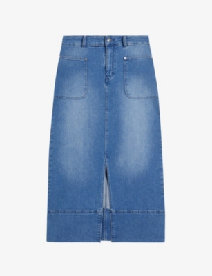Ted Baker Womens Blue Jomana High-waisted Front-slit Stretch-denim Midi Skirt