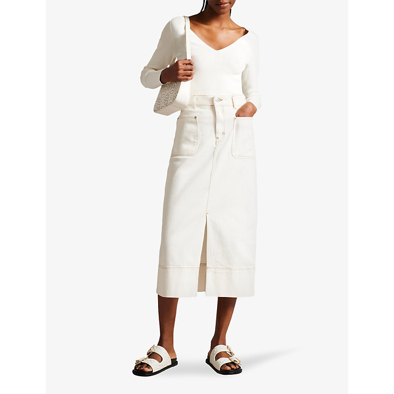 Shop Ted Baker Jomana High-waisted Front-slit Stretch-denim Midi Skirt In Ivory