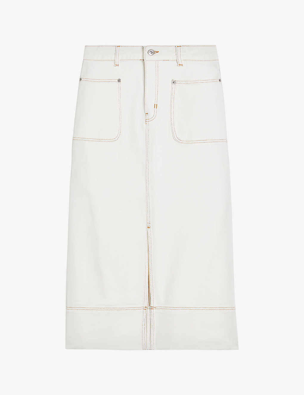 Ted Baker Jomana High-waisted Front-slit Stretch-denim Midi Skirt In Ivory