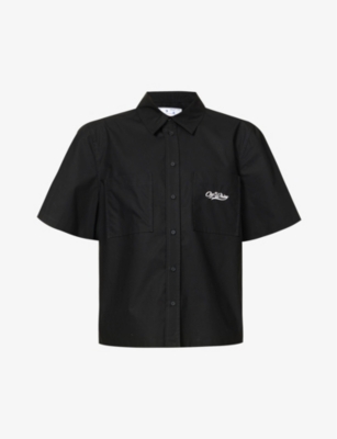 OFF-WHITE OFF-WHITE C/O VIRGIL ABLOH MENS BLACK WHITE WAVE OFF SUMMER BRAND-EMBROIDERED BOXY-FIT COTTON SHIRT,66689783