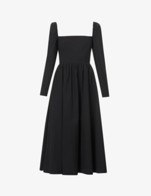 Reformation Elly Shirred Organic Cotton-blend Midi Dress In Black