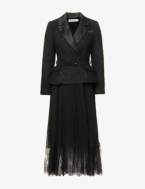 SELF PORTRAIT: V-neck metallic-weave woven midi dress