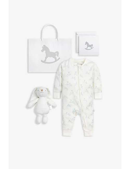 THE LITTLE TAILOR: Woodland-print cotton romper and bunny giftset 0-6 months
