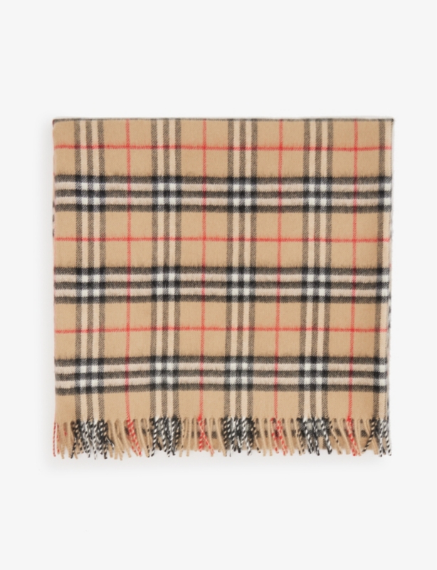 Check-print fringe-embellished cashmere blanket