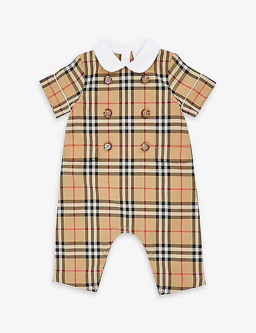 BURBERRY: Checked stretch-cotton romper 1-12 months