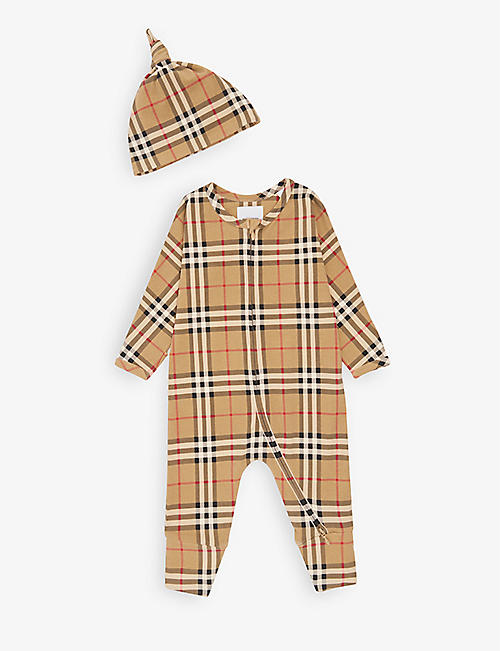 BURBERRY: Claude checked stretch-cotton romper and beanie set 1-6 months