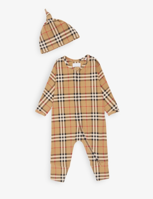 Claude checked stretch-cotton romper and beanie set 1-6 months