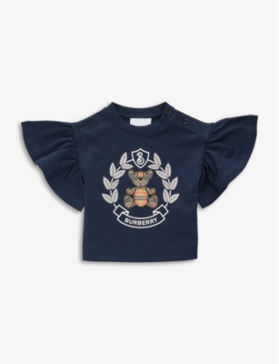 BURBERRY BURBERRY GIRLS DEEP CHARCOAL BLUE KIDS ALEXAS BEAR-PRINT FRILL-SLEEVE COTTON-JERSEY T-SHIRT 6 MONTHS,66718599